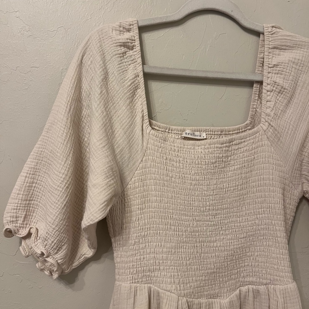 Cream Square Neck Dress with Puff Sleeves